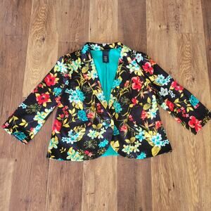 Metaphor XL Women's 3/4 Sleeve Black Floral Multicolor Blazer One Button Closure